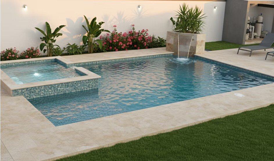 Piscina Forze Signature con jacuzzi climatizado y muro de cascada